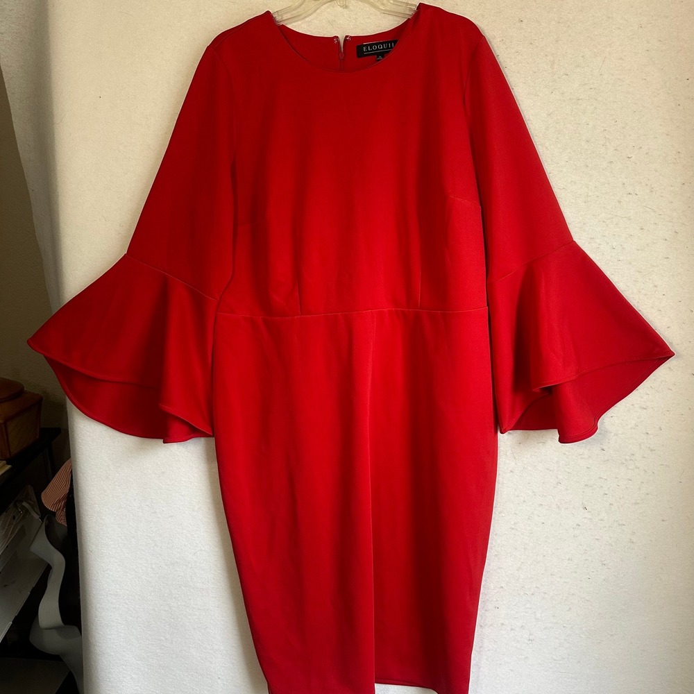 Eloquii Red‎ Bell Sleeve Fit and Flare Scuba Dress Plus Size 20 Festive Cocktail - Picture 2 of 7